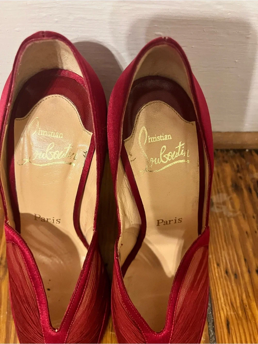 Christian Louboutin Burgundy Satin Peep-Toe Heels - Picture 3 of 6